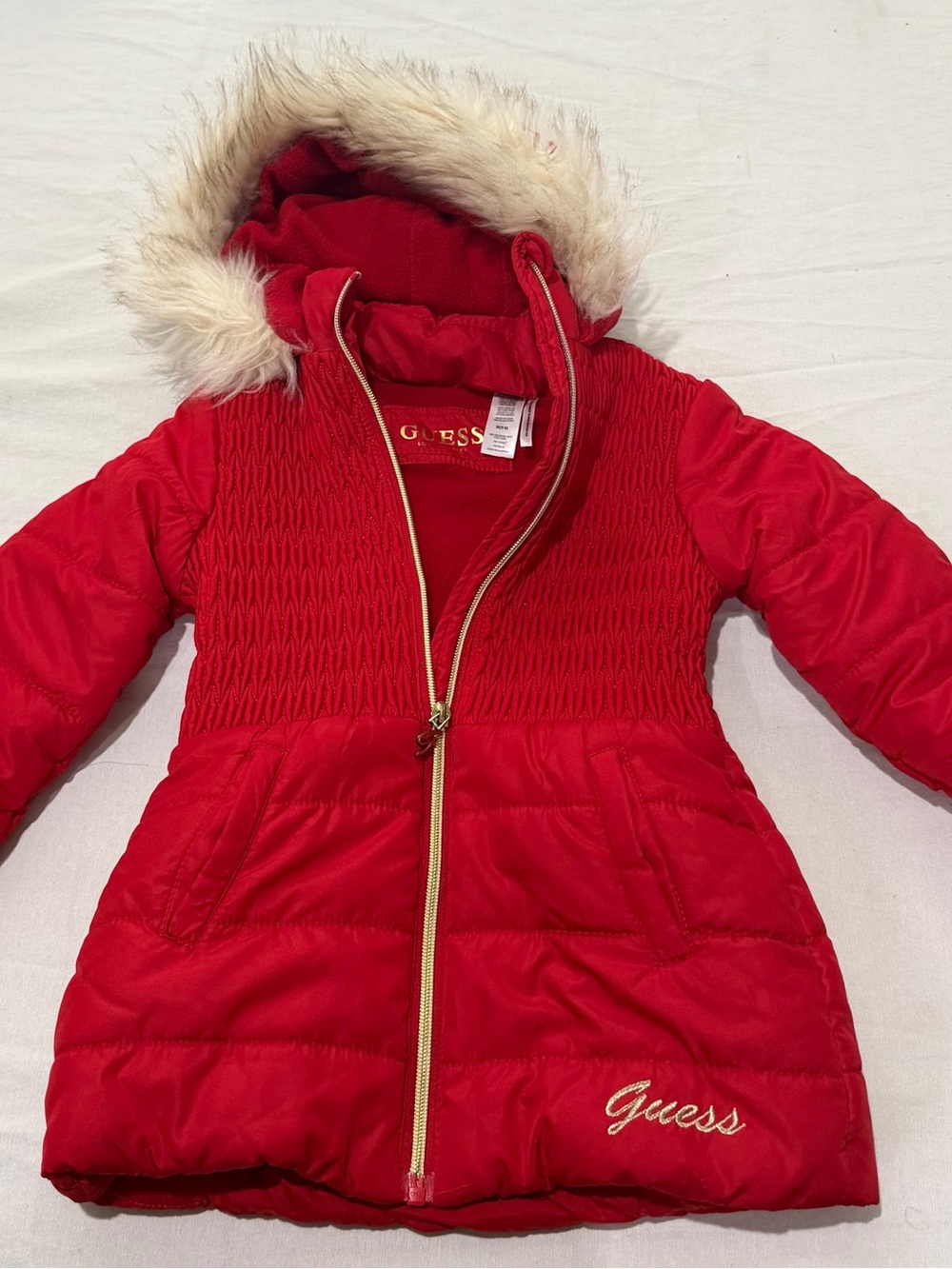 GUESS Red Hooded Girls' Puffer Coat with Faux Fur Trim